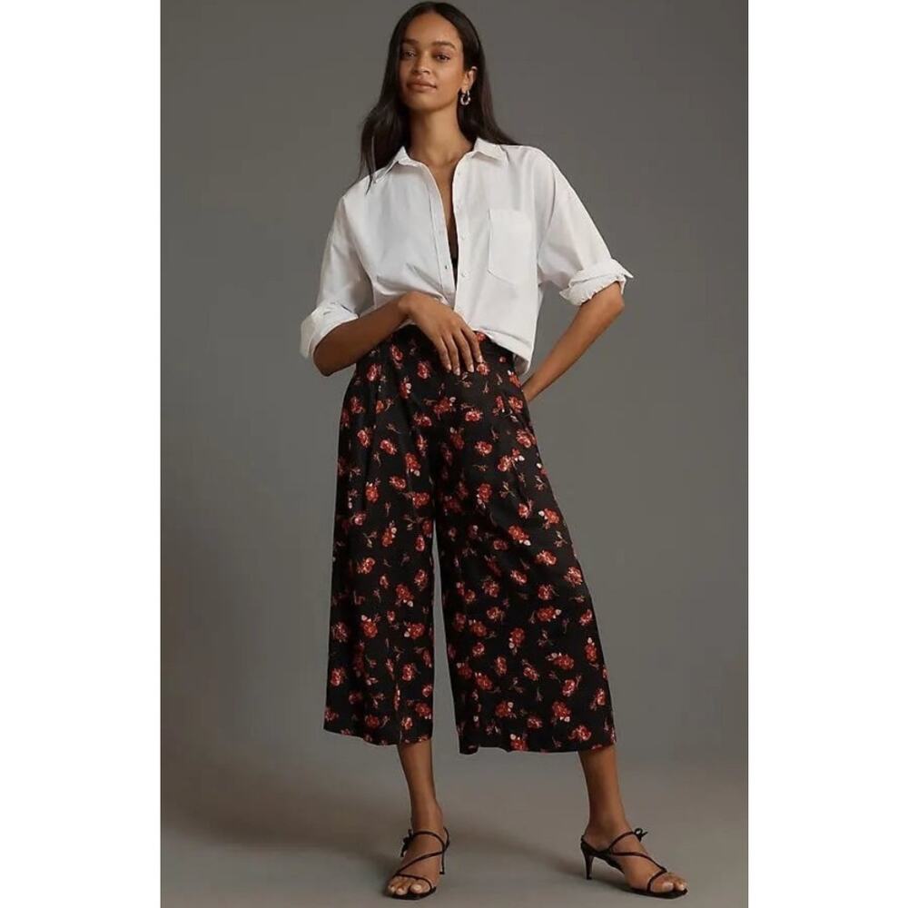 Anthropologie Maeve Floral Pleated A-Line Culottes Cropped Flowy Pants Small